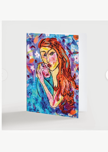 Hold You Close note card — mother and child paint-on-glass artwork | Judaica Square Lakewood