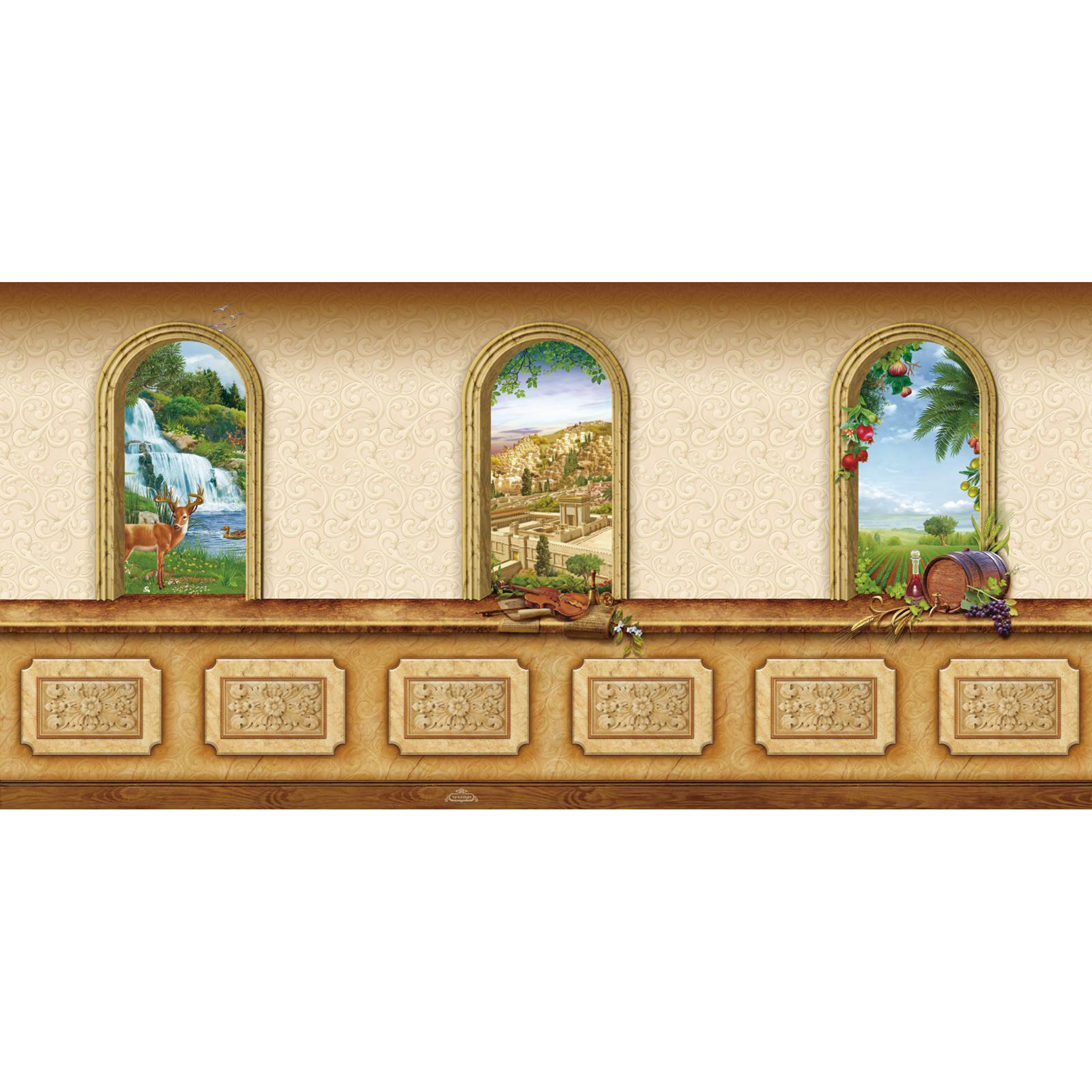 Sukkah Tapestry Set of 3, Beit HaMikdash + Shiv'at HaMinim + Ke'ayal Ta'arog, Nisuch HaMayim, 90” x 180”, Outdoor Fabric, Wall Hanging, Jewish Succos Decorations - Judaica Posters & Murals