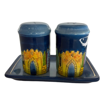 Salt and Pepper Shakers with Tray, Karshi Ceramic, Jerusalem, Colored, angled view