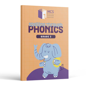 Spelling Through Phonics Grade 2 front cover — waving blue cartoon elephant on an orange grid background with the MCS logo