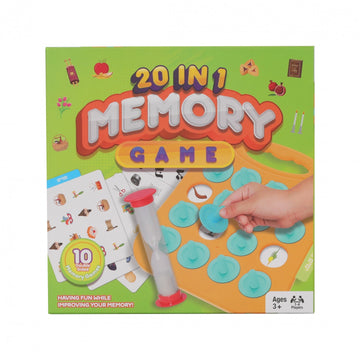 20 in 1 Memory Game box showing a hand lifting a teal cover on the orange board, with sand timer