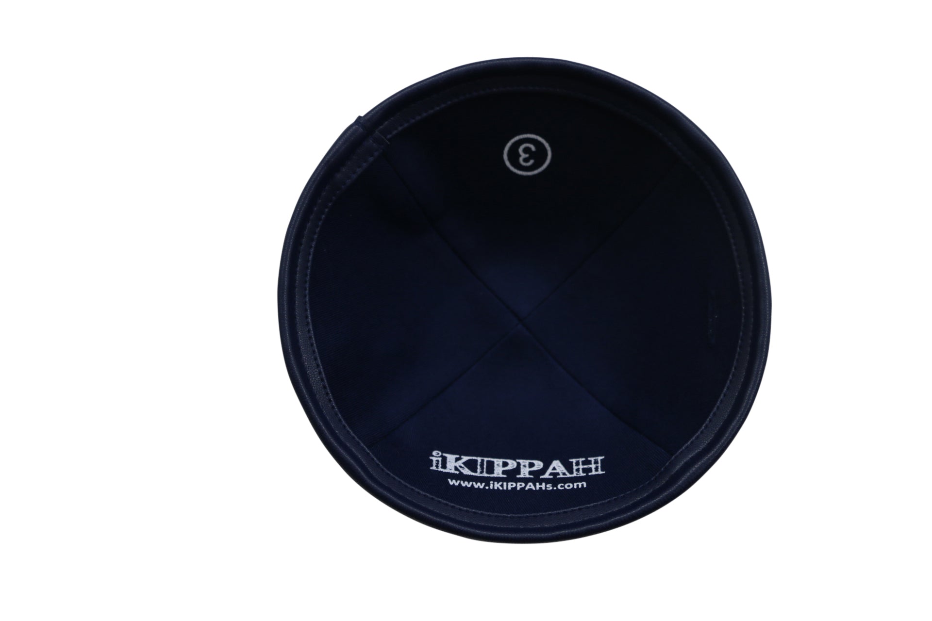 Navy Leather Kippah - showing rim trim, six-panel construction