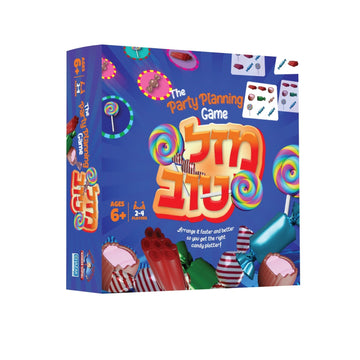 Mazel Tov party planning game box in purple covered with lollipops, wrapped candies and platter cards