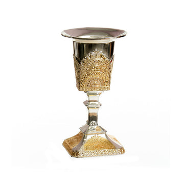 Candle Holder, Silverplate Filigree Design, Gold and Silver, front view