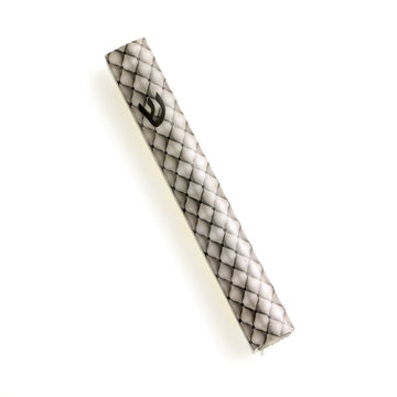 Mezuzah Case, Silvertone Diamond Design, Metal, angled view