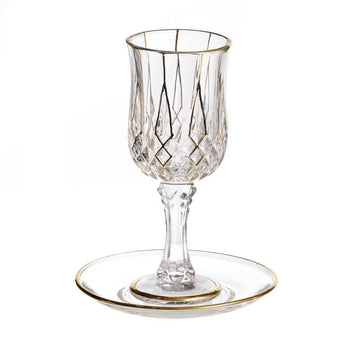 Crystal Kiddush Cup On Stem with Plate-Gold Rim-Gold Design (KC-X5353A)