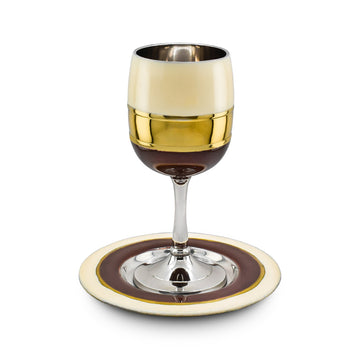 Kiddush Cup with Plate, Cream Enamel, Gold and Brown Design, angled view