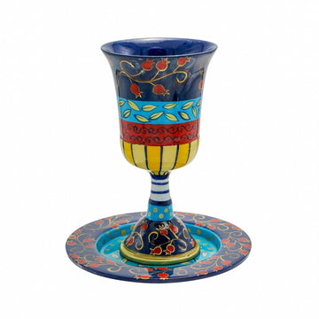Kiddush Cup on Stem with Tray, Hammered, Multicolor, Pomegranate Design