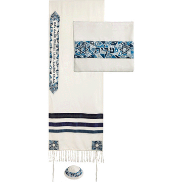 Embroidered Raw Silk Tallit - Magen David BLUE (EM-TAE1B)