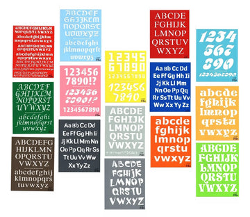 Fifteen coloured plastic stencils with English alphabet letters and numbers in various fonts, laid flat