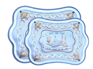 White and gold scalloped challah trays with twisted spiral border and Shabbos plaque, two sizes shown