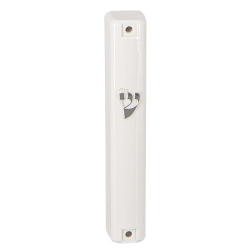Plastic White Mezuzah with Rubber Cork 20 cm - with the letter Shin — front | Judaica Square Lakewood