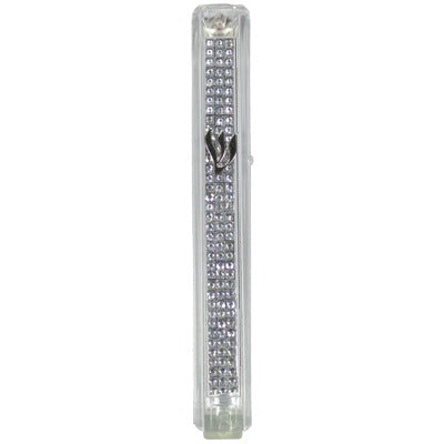 Plastic Mezuzah Lucid Silver Stones 12 Cm ` — front | Judaica Square Lakewood