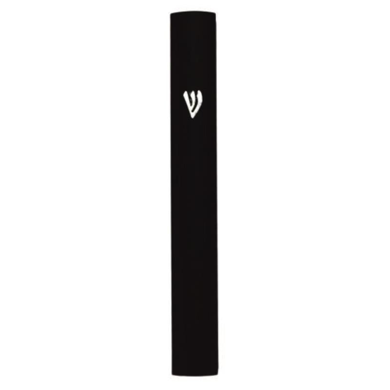 Aluminum Mezuzah 15 Cm Black Metal "Shin" — front | Judaica Square Lakewood