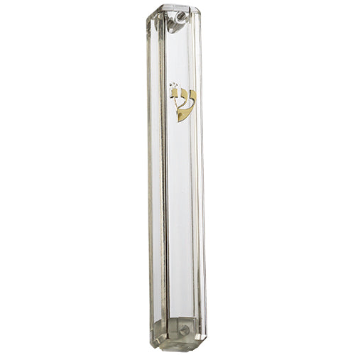 Clear Plastic Mezuzah Waterproof - Gold Shin 15 Cm — front | Judaica Square Lakewood