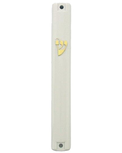 White Plastic Mezuzah Waterproof - Gold Shin 15 Cm — front | Judaica Square Lakewood