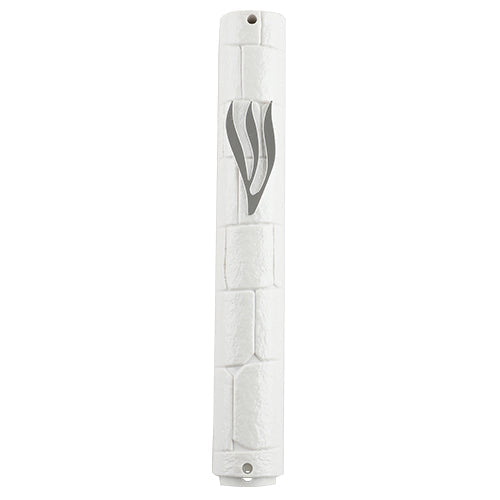 Plastic Mezuzah With Rubber Cork 15 Cm- "The Kotel" White With Slv Shin — front | Judaica Square Lakewood