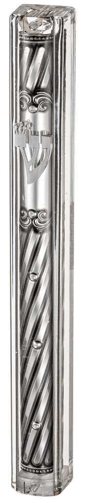 Transparent Plastic Mezuzah With Rubber Cork 12 Cm- With The Letter Shin And Plaque — front | Judaica Square Lakewood