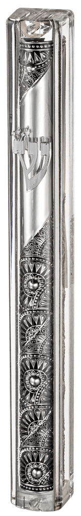 Transparent Plastic Mezuzah with Rubber Cork 12 cm- with the letter Shin and Plaque — front | Judaica Square Lakewood