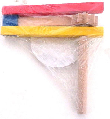 Wooden ratchet grogger with red, blue and yellow painted frame and natural wood handle