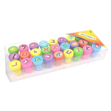 Clear case of colorful Hebrew letter stamps with letters shown on the caps