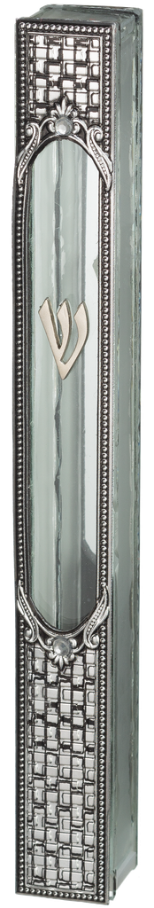 Glass Mezuzah with Classic Metal Plaque 15 cm — front | Judaica Square Lakewood