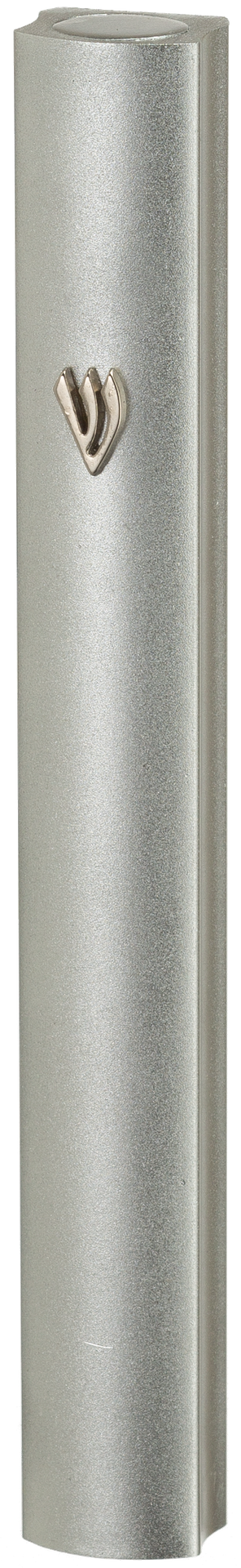 Brushed silver-tone rounded aluminum mezuzah case with matching metal shin