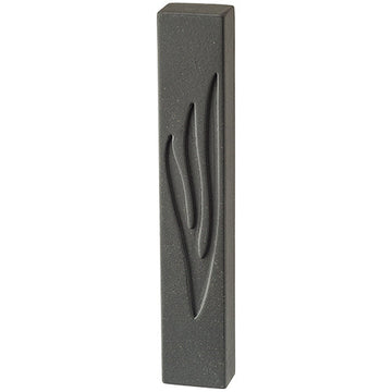 Black stone-textured mezuzah case with a carved flowing shin, angled view