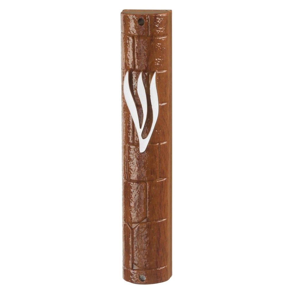 Plastic Mezuzah Cover Wood Painted with Rubber Cork 15 cm- "The Kotel" with the letter Shin — front | Judaica Square Lakewood