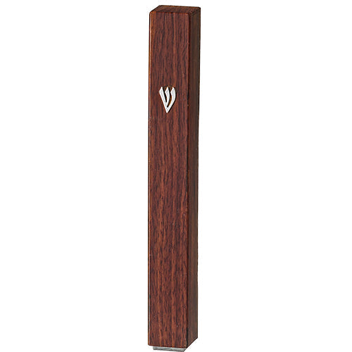 Plastic Mezuzah with Rubber Cork 15 cm - Brown Wood Design — front | Judaica Square Lakewood
