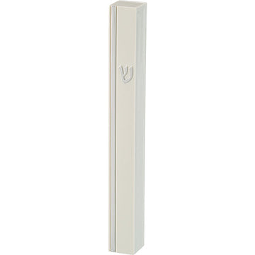 White Plastic Mezuzah 15 cm - Silver SHIN & Stripe with Rubber Cork — Mezuzah Case