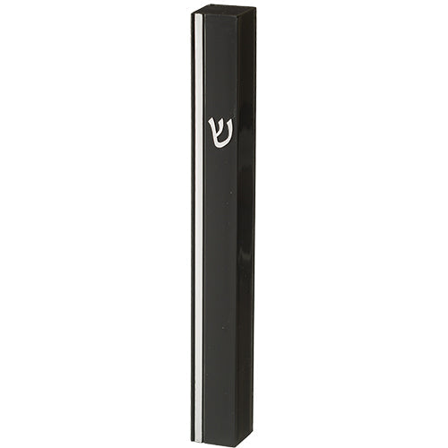 Black Plastic Mezuzah 15 cm - Silver SHIN & Stripe with Rubber Cork — front | Judaica Square Lakewood