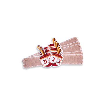 Stack of natural linen-look paper napkin bands with red and gold dreidel cut-outs