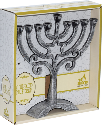 Boxed antique silver aluminum menorah with a Star of David set into a scrolled trunk
