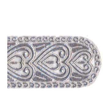 Silver-colored atarah band with repeating heart motifs and an ornate patterned edge