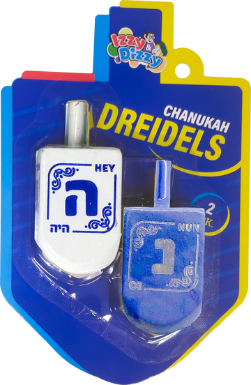 One white and one blue large wooden dreidel with framed Hebrew letters on a dreidel shaped card