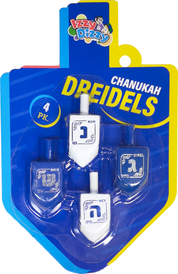 Four blue and white wooden dreidels on an Izzy n Dizzy dreidel shaped card