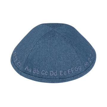 Blue denim kippah with Aa Bb Cc to Gg embroidered in lighter blue thread around the lower edge