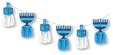 Blue and white Chanukah fringe banner with menorah and dreidel panels