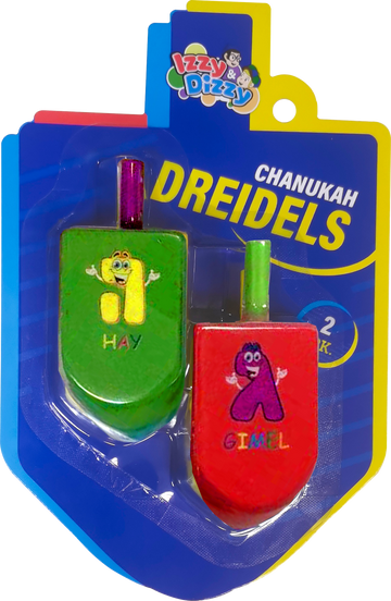 Green and red large wooden dreidels with cartoon character letters on a dreidel shaped card