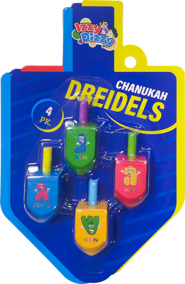 Four colored wooden dreidels with cartoon character Hebrew letters on a dreidel shaped card