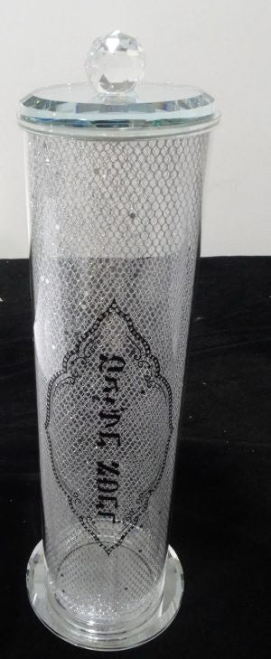 Clear crystal Megillah holder with a silver-colored lattice pattern and round lid
