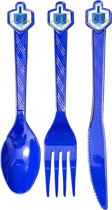 Blue plastic spoon, fork and knife with blue and white dreidel tops