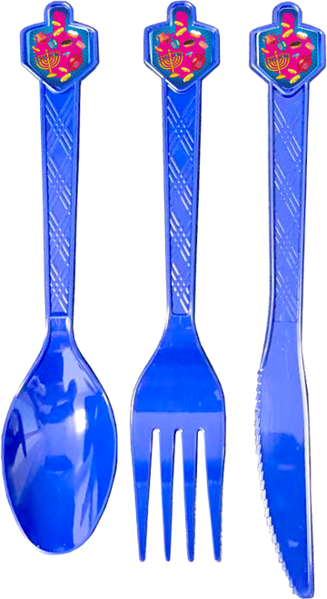 Blue plastic spoon, fork and knife with colorful dreidel tops