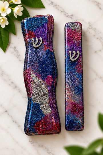 The Mazel Collection, blue and red glitter mezuzah cases with silver shin