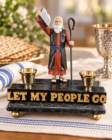 Moses Let My People Go Shabbat Candle Holders, Moses figure with staff on a black base with two candle holders