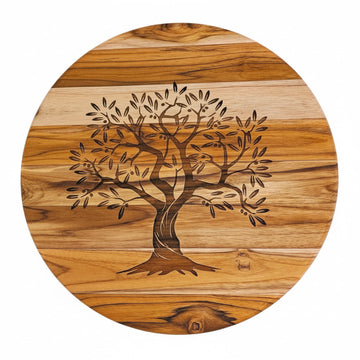 Round teak board engraved with an olive tree