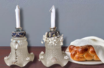 Upcycled glass lamp shade Shabbat candlesticks, vintage shades trimmed with costume jewelry