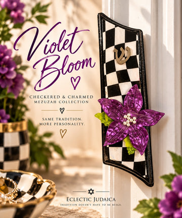 Violet Bloom mezuzah promo with Eclectic Judaica logo