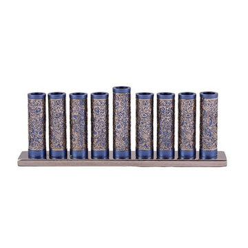 Emanuel menorah with nine blue anodized cylinders wrapped in lacy silver cutout on a low base